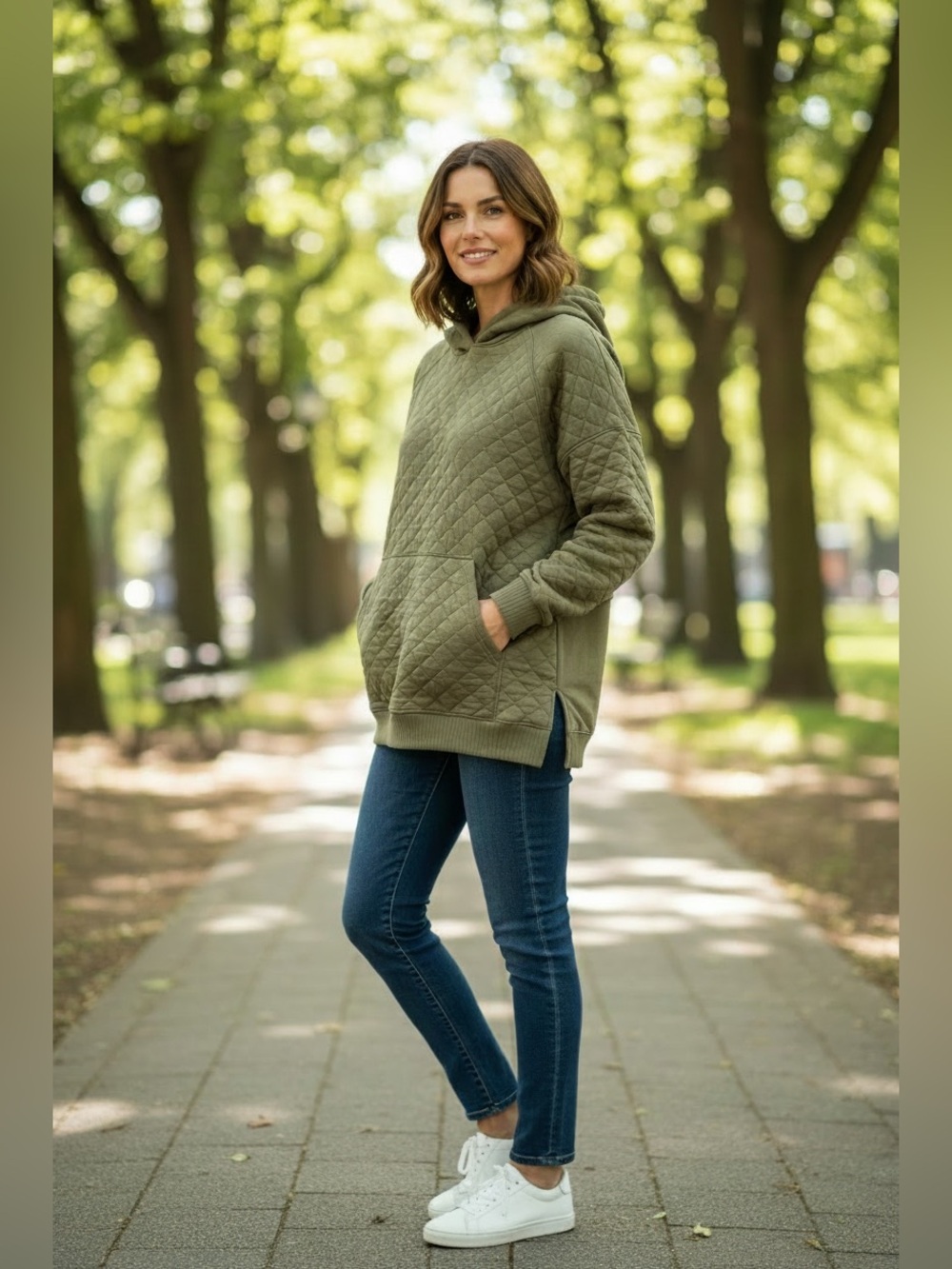 Time and Tru Olive Green Quilted Hoodie Sweatshirt